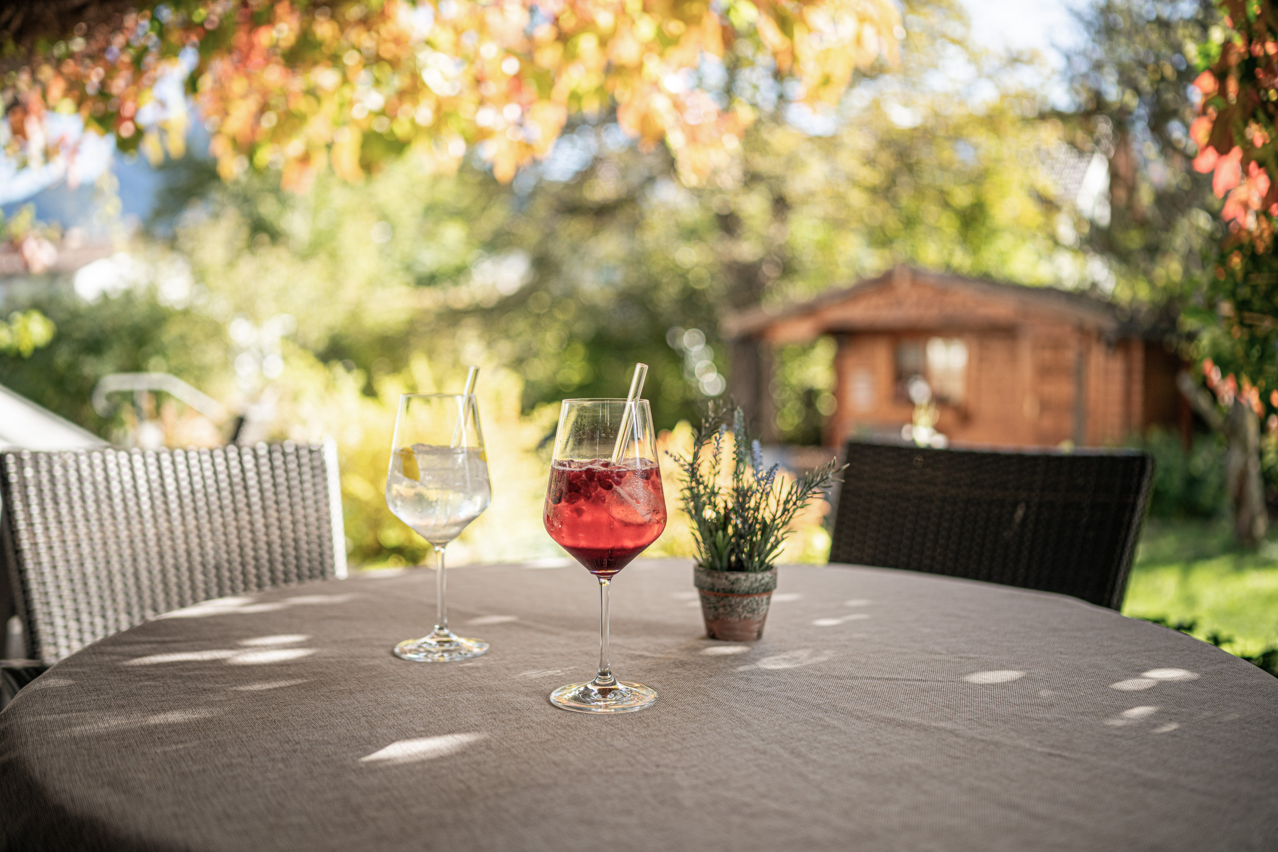 Aperol auf der Terrasse des Hotels mit Blick in den Garten Aperol auf der Terrasse des Hotels mit Blick in den Garten